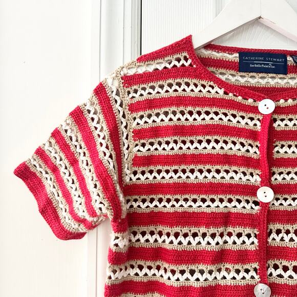 Catherine Stewart Belle Pointe Red Beige Stripe Open Hand Knit Vintage Cardigan - Picture 9 of 9